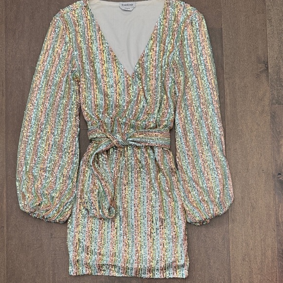 Bebe Colorful Striped Sequin Long Sleeve Dress - Picture 1 of 9